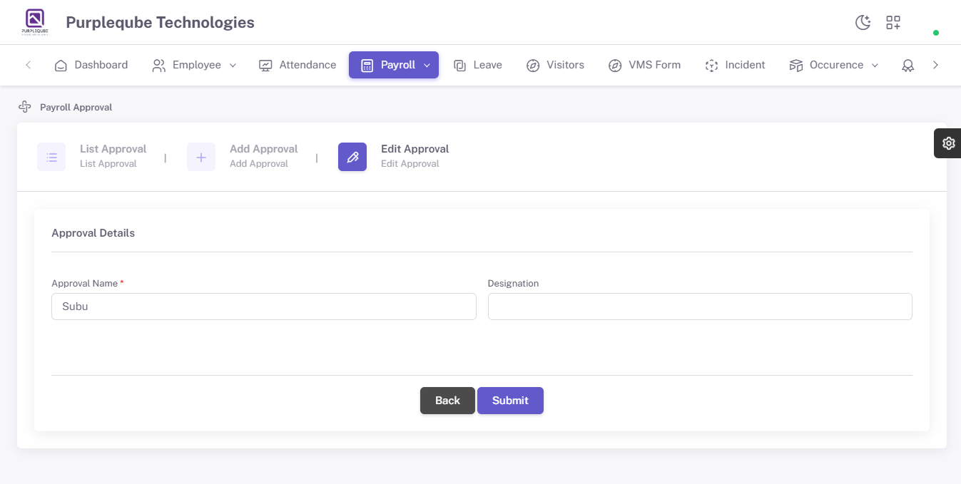 Edit Approval form pre-filled with Subu as the Approval Name and empty Designation field